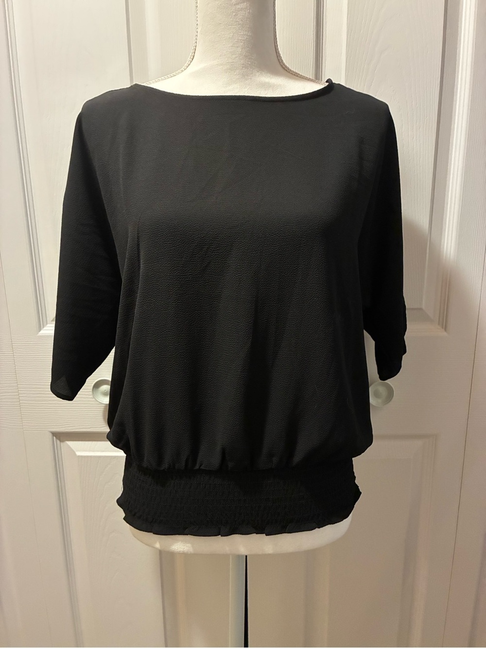 Michael Kors Black Short Sleeve Smocked-Hem Blouse